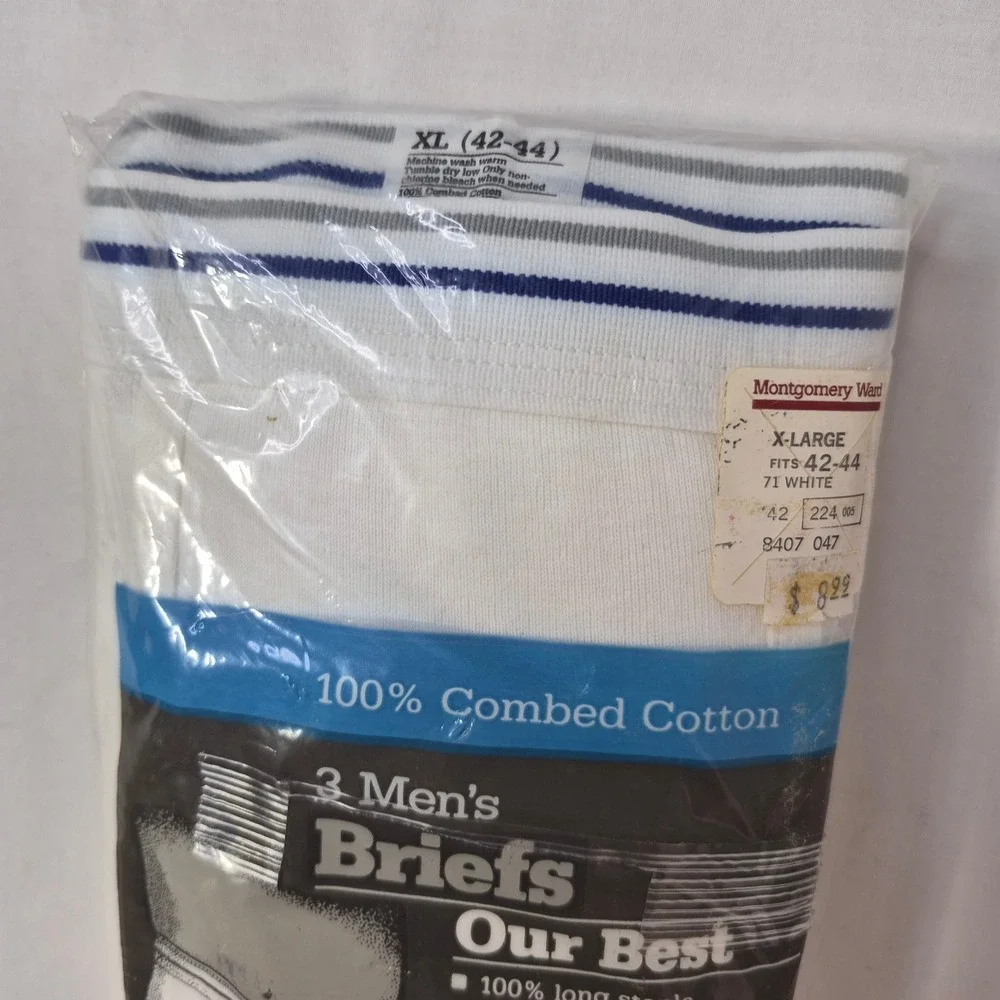 Montgomery Ward Briefs Mens XL 42-44 White 3-Pack Cotton Blue Gray Line‎ VTG New